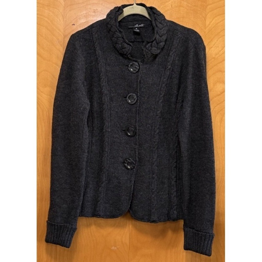 Willi Smith Womens‎ 100% Wool Braided Knit Button Front Cardigan Sweater Gray M